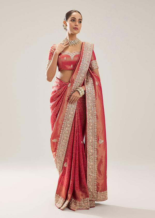 Red Banarasi Silk Saree With Cutdana And Zardosi Border