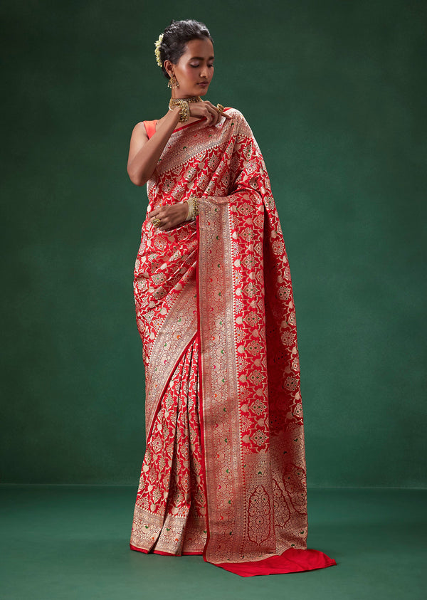 Red Banarasi Silk Saree with Unstitched Blouse