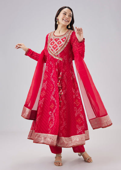 Red Bandhani And Leheriya Georgette Angrakha Anarkali Set
