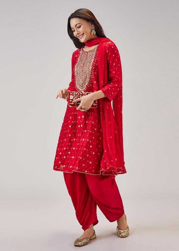 Red Bandhani Dhoti Pant Set With Gota Detailing