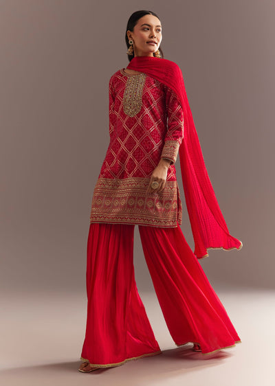 Red Bandhani Zari Kurta And Jacquard Sharara With Chiffon Dupatta