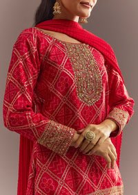 Red Bandhani Zari Kurta And Jacquard Sharara With Chiffon Dupatta