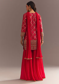 Red Bandhani Zari Kurta And Jacquard Sharara With Chiffon Dupatta