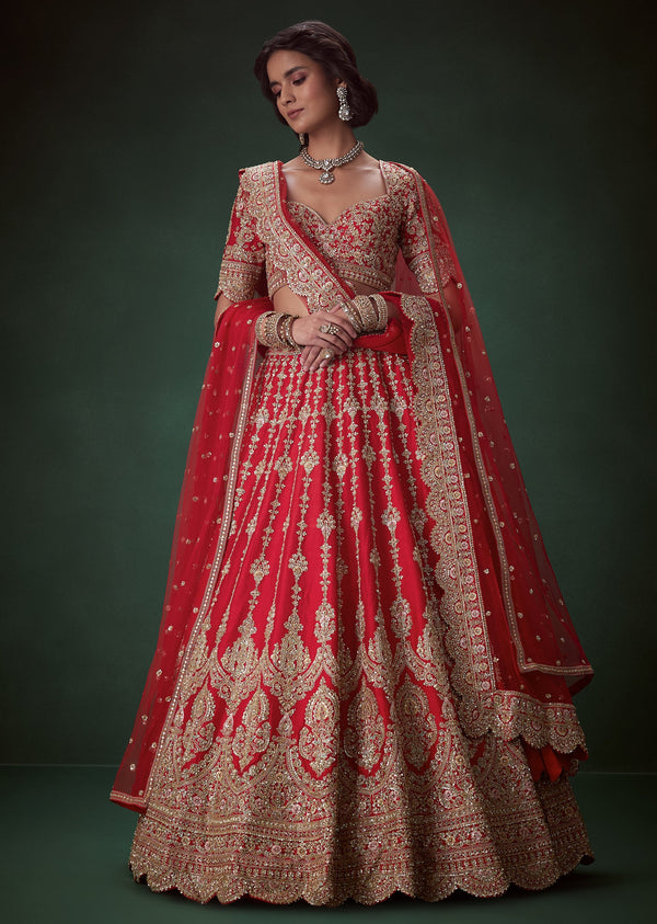 Red Bead Embellished Bridal Lehenga Set