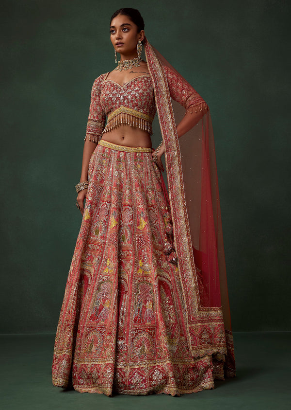 Red Bird Motif Printed and Embroidered Kali Bridal Georgette Lehenga Set