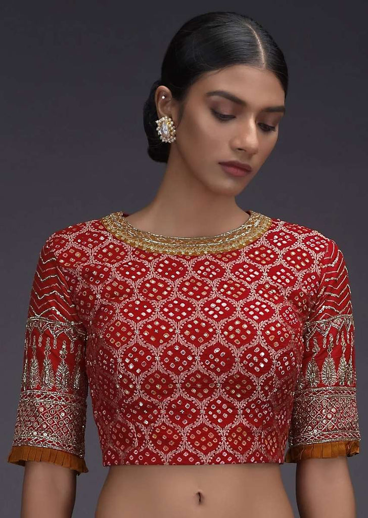 Red Blouse In Georgette With Bandhani Print And Weaved Moroccan Pattern Online - Kalki Fashion