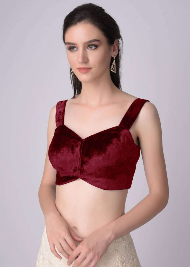 Red Blouse In Velvet With Sweetheart Neckline And Curved Hem