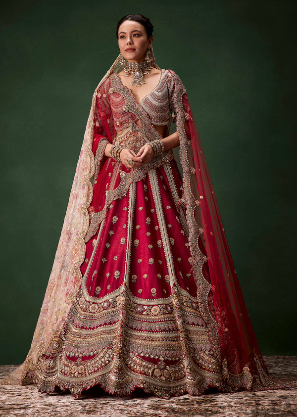 Red Bridal Raw Silk Patchwork Lehenga Set with Two Dupattas