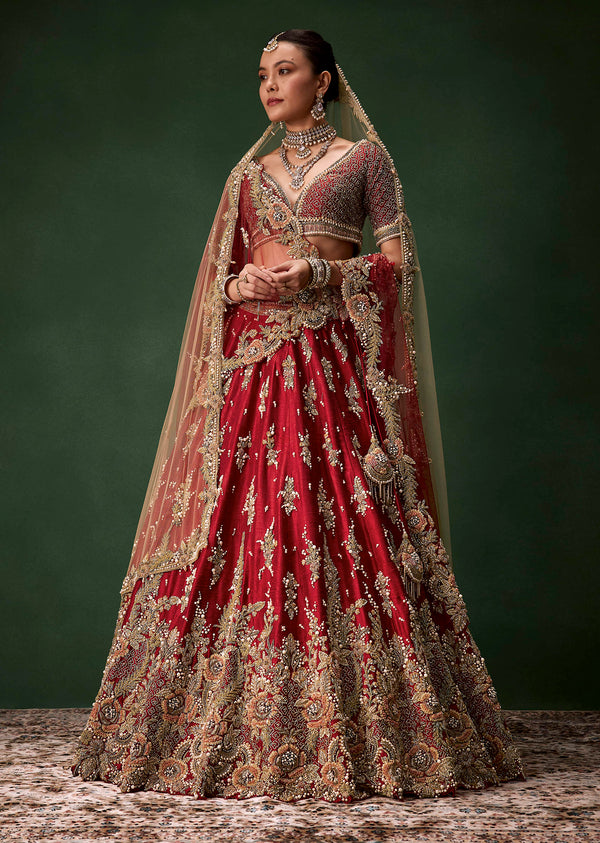 Red Bridal Sequin Silk Lehenga Set with Two Dupattas