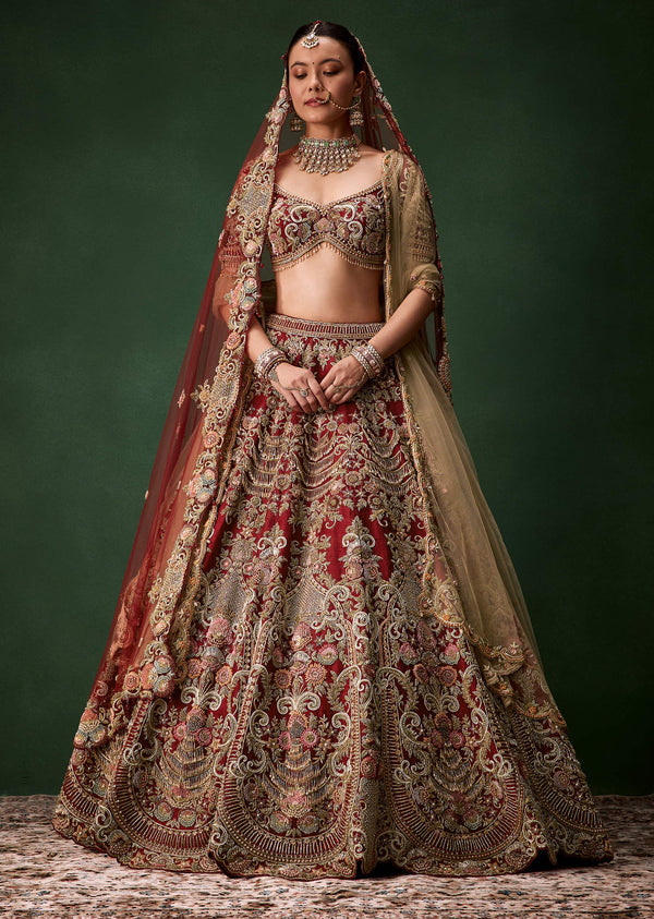 Red Bridal Sequins Silk Lehenga Set with Two Dupattas