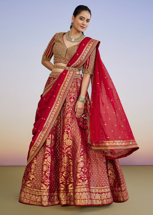 Red Brocade Traditional Lehenga With Belt And Zari Sequin Choli