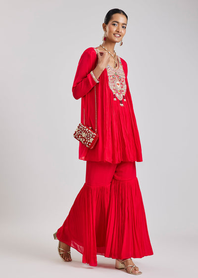 Red Cape Style Top And Sharara Set