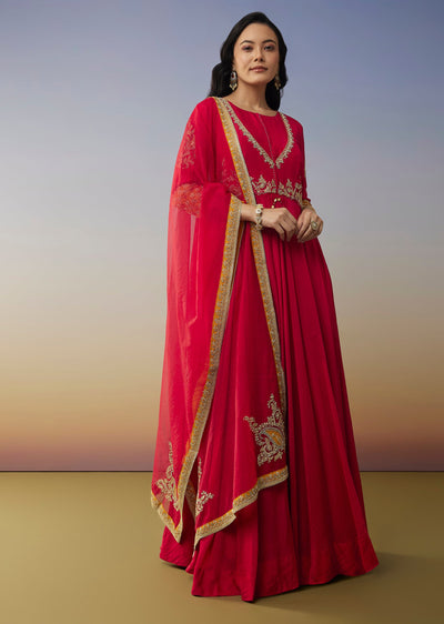 Red Chanderi Anarkali Suit with Zari Moti Work