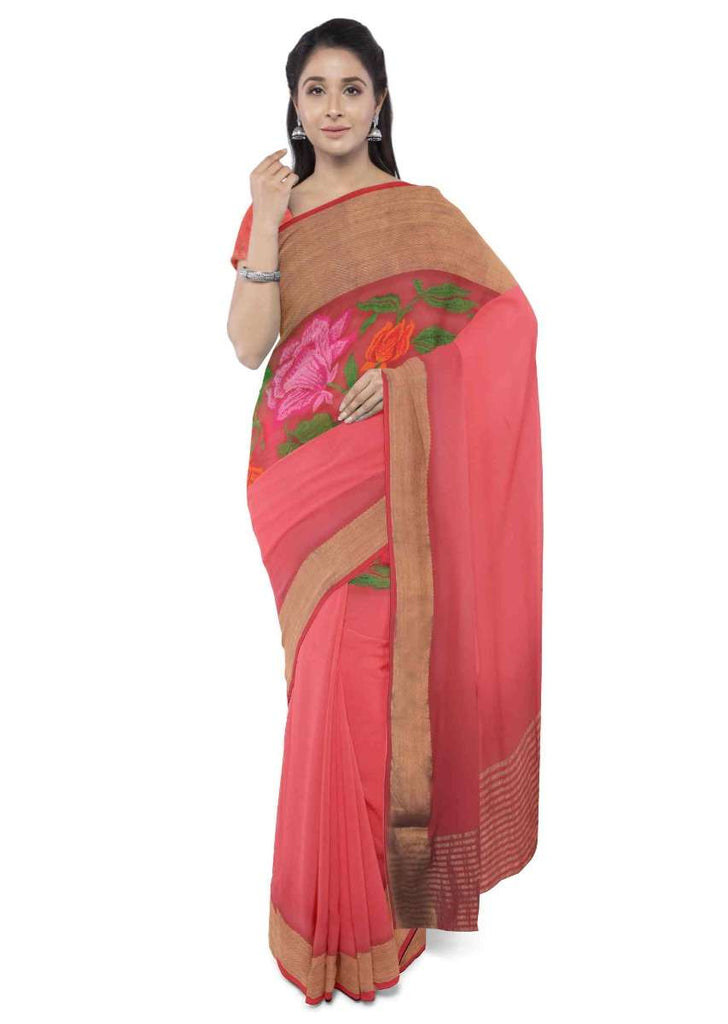 Red Saree In Georgette Fabric With Thread Embroidery Work Online - Kalki Fashion