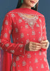 Red Chinon Kurta Sharara Suit With Moti And Cutdana Work