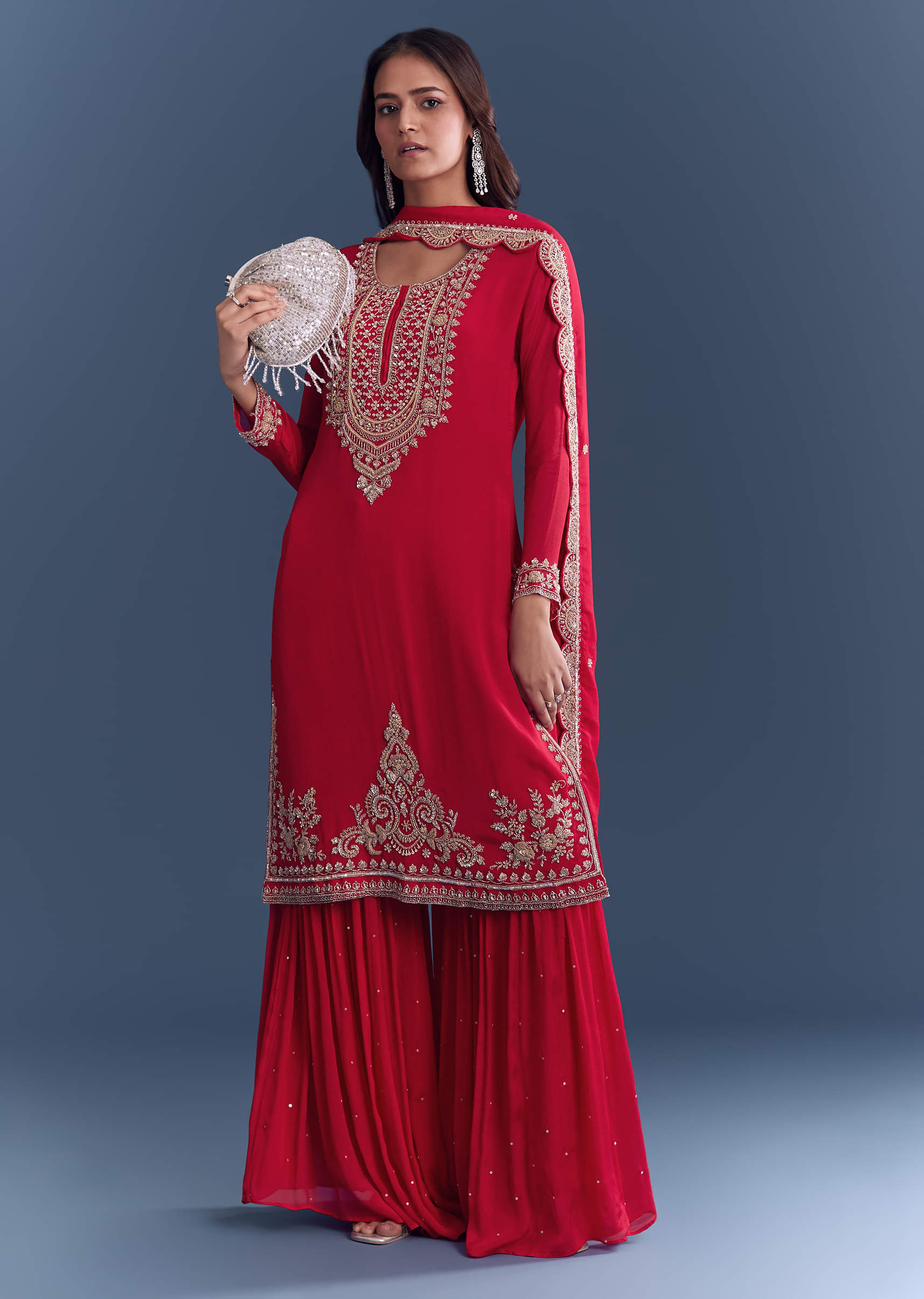 Red Chinon Sharara Suit With Cutdana And Sequins Embroidery