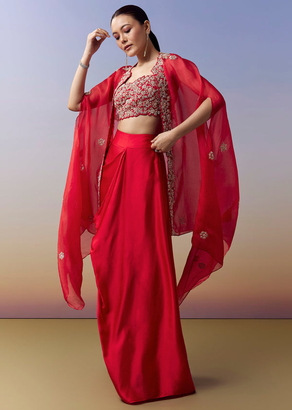Red Contemporary Crop Top Skirt Set With Zardosi Work And Organza Cape
