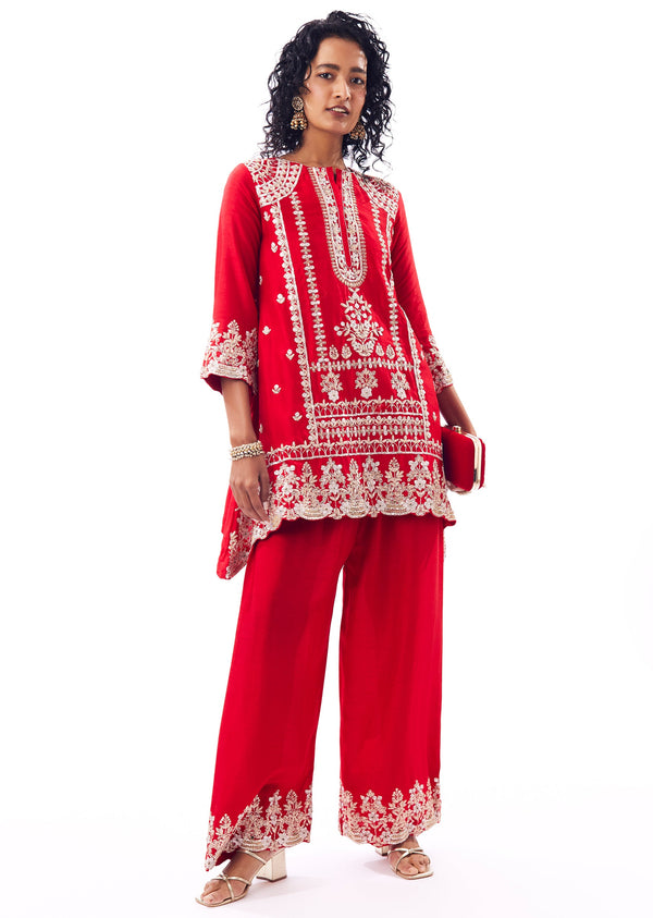 Red Coord Set With Zardosi Gotta Detailing