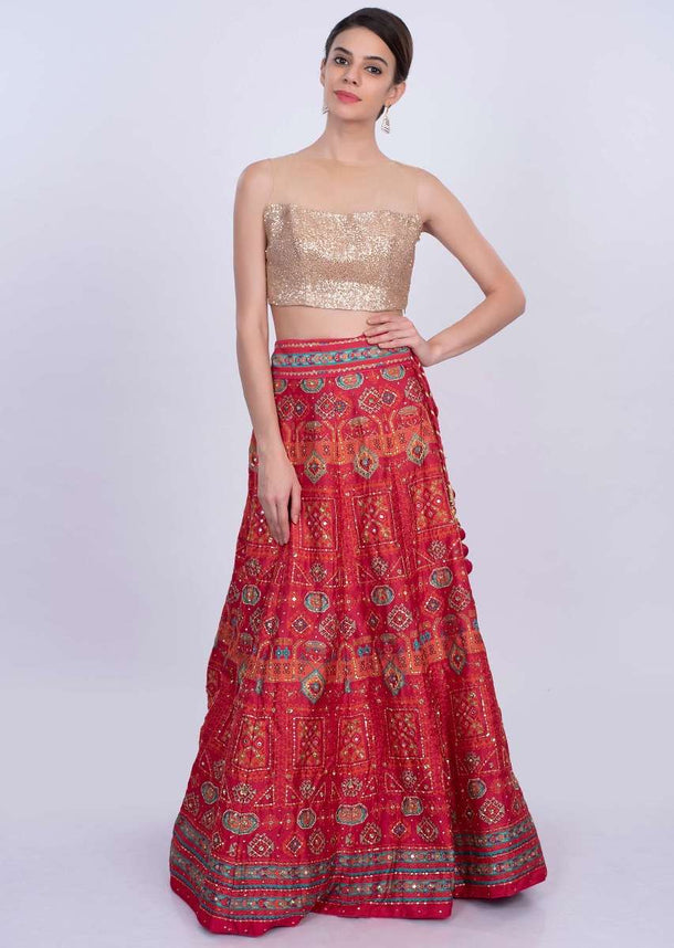 Red Lehenga In Printed Cotton Silk With Contrasting Peach Organza Dupatta Online - Kalki Fashion