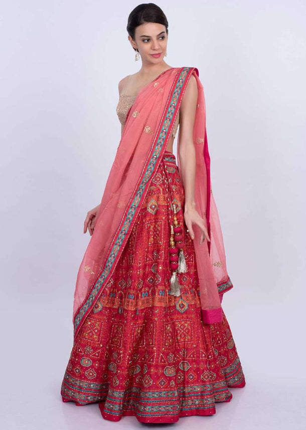 Red Lehenga In Printed Cotton Silk With Contrasting Peach Organza Dupatta Online - Kalki Fashion