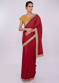 Red cotton silk saree with contrasting chrome yellow blouse only on kalki