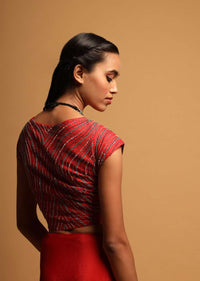 Red Crop Top In Raw Silk With Sequins And Beads Embroidered Linear Design Online - Kalki Fashion