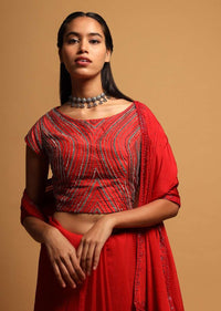 Red Crop Top In Raw Silk With Sequins And Beads Embroidered Linear Design Online - Kalki Fashion