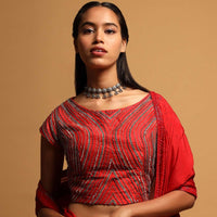 Red Crop Top In Raw Silk With Sequins And Beads Embroidered Linear Design Online - Kalki Fashion