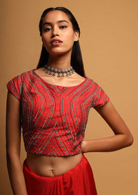 Red Crop Top In Raw Silk With Sequins And Beads Embroidered Linear Design Online - Kalki Fashion