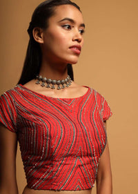 Red Crop Top In Raw Silk With Sequins And Beads Embroidered Linear Design Online - Kalki Fashion