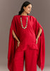 Red Crush Silk Kaftaan Set With Stone Neckpiece
