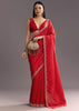 Red Crushed Tissue Stone Embellished Saree With Cutdana Scallop Border