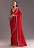 Red Crushed Tissue Stone Embellished Saree With Cutdana Scallop Border