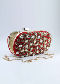 Red curve box clutch in chanton flat back beads