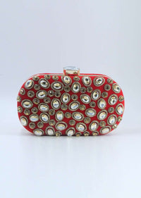 Red Curve Box Clutch In Chanton Flat Back Beads Online - Kalki Fashion