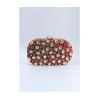 Red Curve Box Clutch In Chanton Flat Back Beads Online - Kalki Fashion