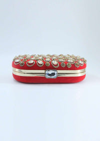 Red curve box clutch in chanton flat back beads