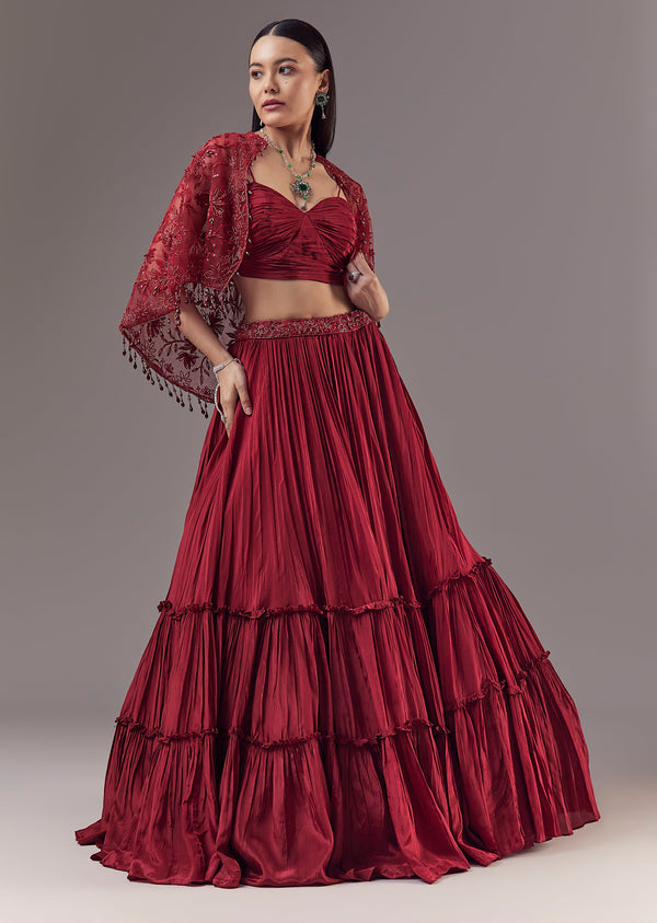 Red Cutdana Embellished Cape and Lehenga Set