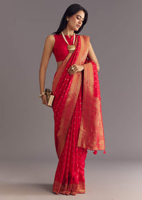 Red Dola Silk Butti Work Saree With Zari Border