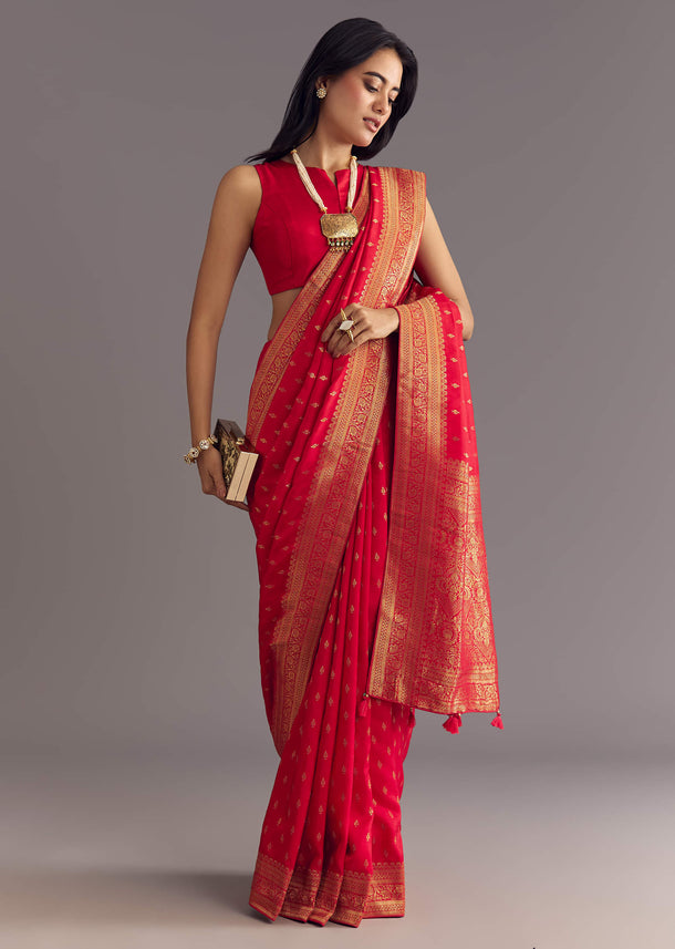 Red Dola Silk Butti Work Saree With Zari Border