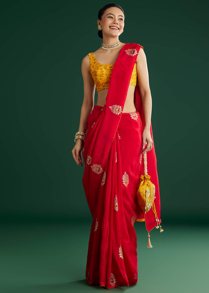 Red Dola Silk Saree With Butti Weave