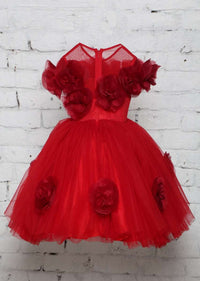 Red Dress In Net With Handmade Tissue Organza Roses Online - Kalki Fashion