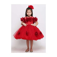 Red Dress In Net With Handmade Tissue Organza Roses Online - Kalki Fashion