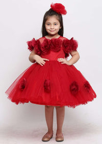 Red Dress In Net With Handmade Tissue Organza Roses Online - Kalki Fashion