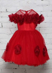 Red Dress In Net With Handmade Tissue Organza Roses Online - Kalki Fashion