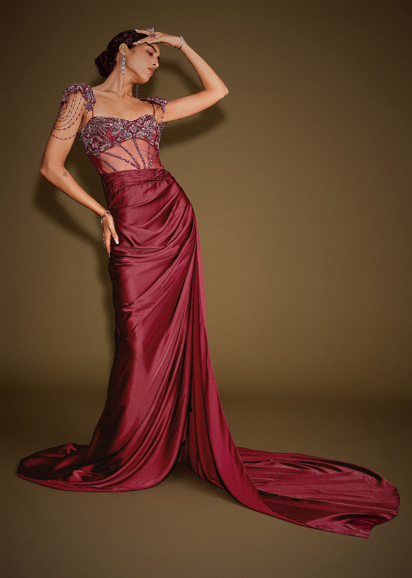 Red Embroidered Corset Gown With Attached Tassel Cape