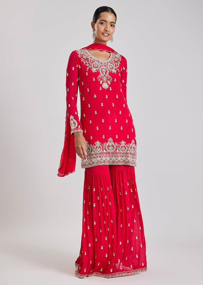 Red Embroidered Sharara Set