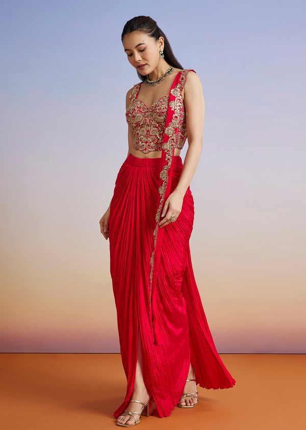 Red Embroidered Silk Blend Drape Skirt Set