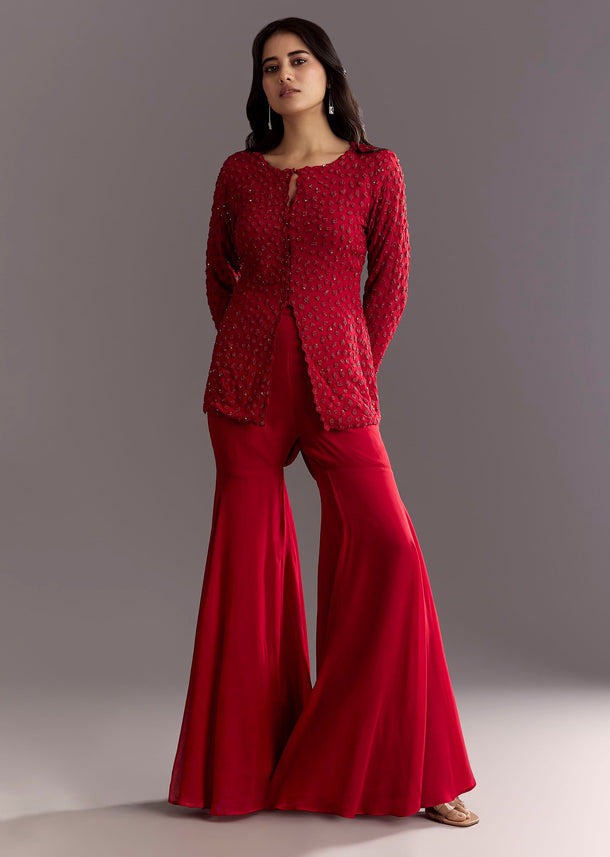 Red Georgette Beaded Kurta Sharara Suit