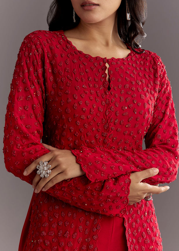 Red Georgette Beaded Kurta Sharara Suit